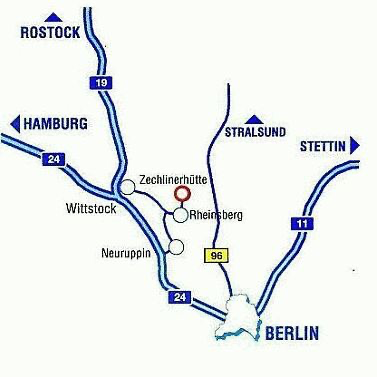 Autobahnkarte: der Ort Zechlinerhütte liegt östlich der Autobahnabfahrt "Wittstock" und nördlich der Abfahrt "Neuruppin"