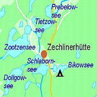 Karte: Zechlinerhütte ist umgeben von Seen (Schlabornsee, Bikowsee, Dolgowsee, Zootzensee, Tietzowsee, Prebelowsee)