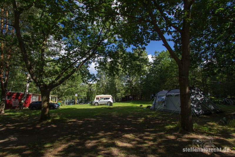 Foto Campingplatz: eine Wiese mit Bäumen, einem roten Holzhäuschen, Autos und einem Zelt